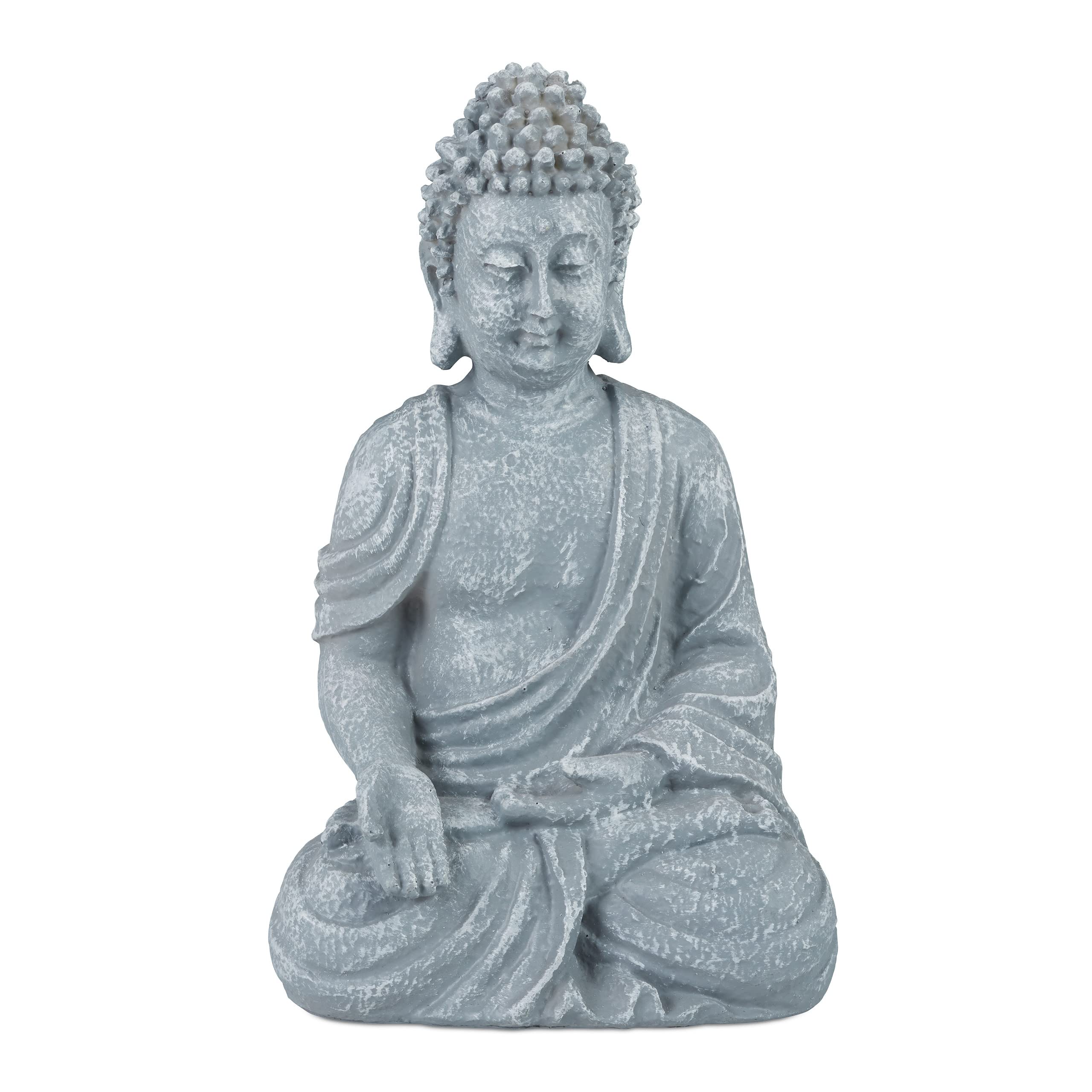 Relaxdays Buddha Ornament Sitting 30 cm high, Garden Decorative Figurine; Weatherproof, Frost-proof, Light Grey