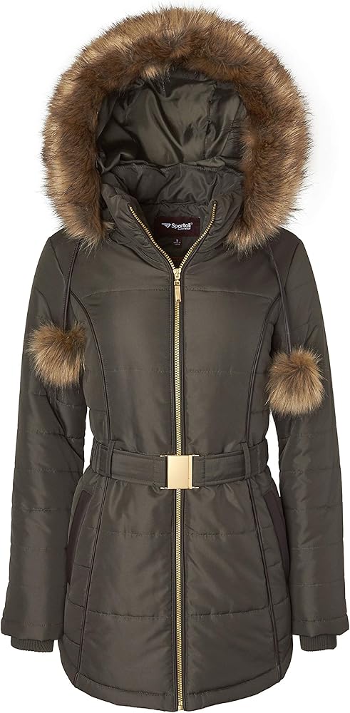 belted puffer coat with fur hood