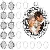 20Pcs Photo Charms Cabochon Blanks Set, 10 pcs Silver Oval Pendant Trays with 10 Glass Cabochons Bezel Pendant Blanks for Memorial Jewelry Bridal Bouquet DIY Charms Valentine's Day Gift Making 25x18mm
