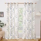 BGment Navy Linen Curtains for Living Room 90 Inch Length 2 Panels | Floral Leaf Patterns, Light Filtering, Boho Farmhouse Vintage, Privacy, Window Curtains for Bedroom, Each 52 Inch Wide