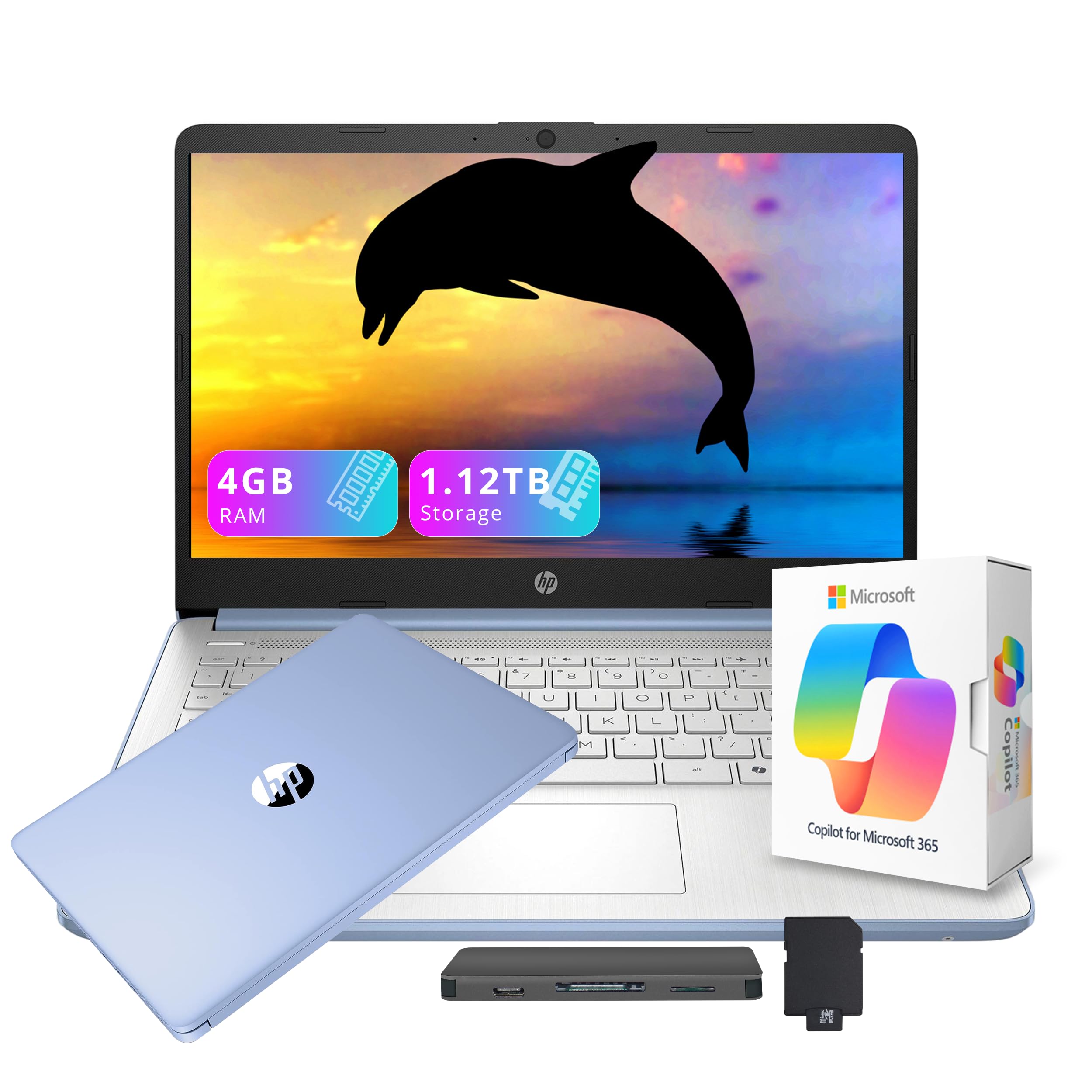 HP Flagship 14" HD Student&Business Laptop with AI Copilot, 13th Gen Intel 4-Core, 4GB RAM, 1.12TB Storage (128GB UFS + 1TB Docking Station), 1 Year Office 365, Wi-Fi 6, Win 11 S, Sky Blue
