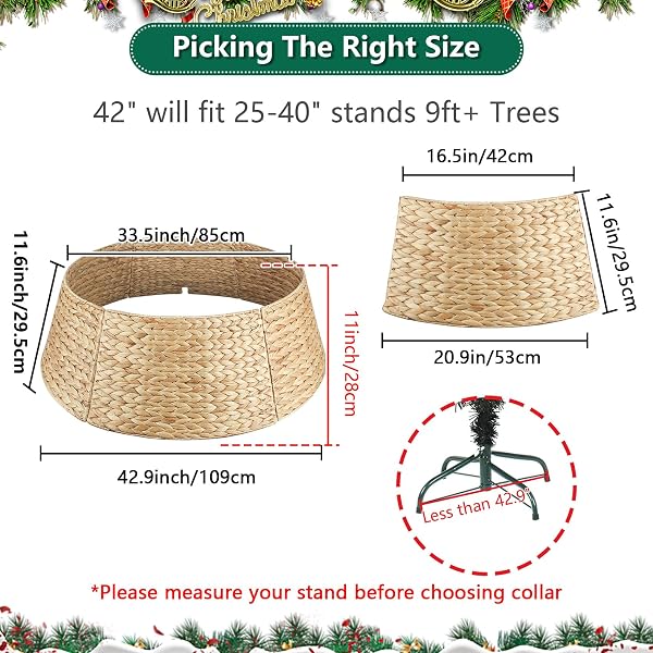 CHRISTMAS TREE COLLAR, EXTRA LARGE ROUND TREE COLLAR HYACINTH HANDWOVEN 42IN, CHRISTMAS TREE RING RATTAN WICKER RUSTIC CORD CUT OUT METAL FRAME DECORATION TO COVER ARTIFICIAL TREE (NATURAL)