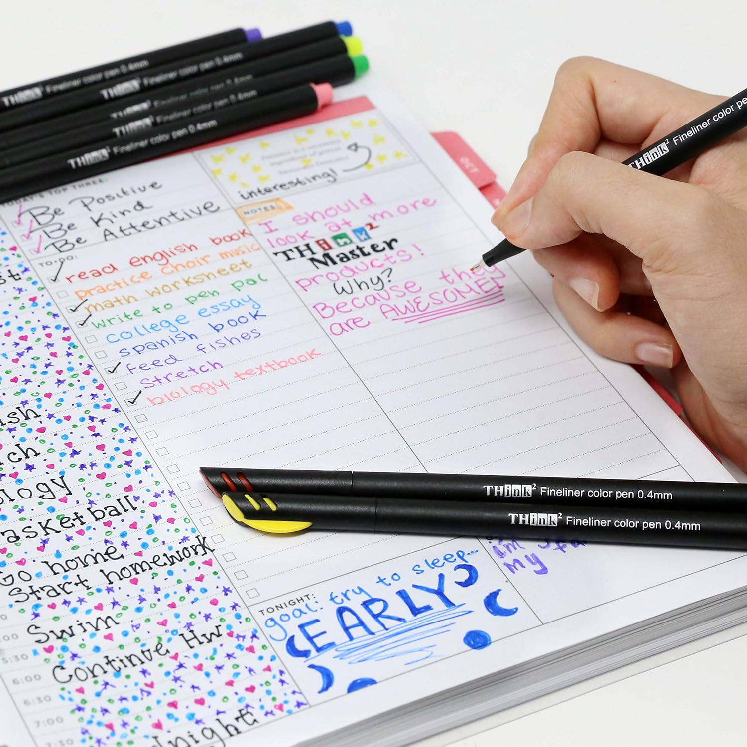 Think2 24 Fineliner Assorted Color Pens Set. 0.4 Extra Fine Tip is great for Bullet Journaling, Writing, Note Taking, Calendar, Coloring, Art, Scrapbook. Ideal for girls, kids, teens & adults : Office Products