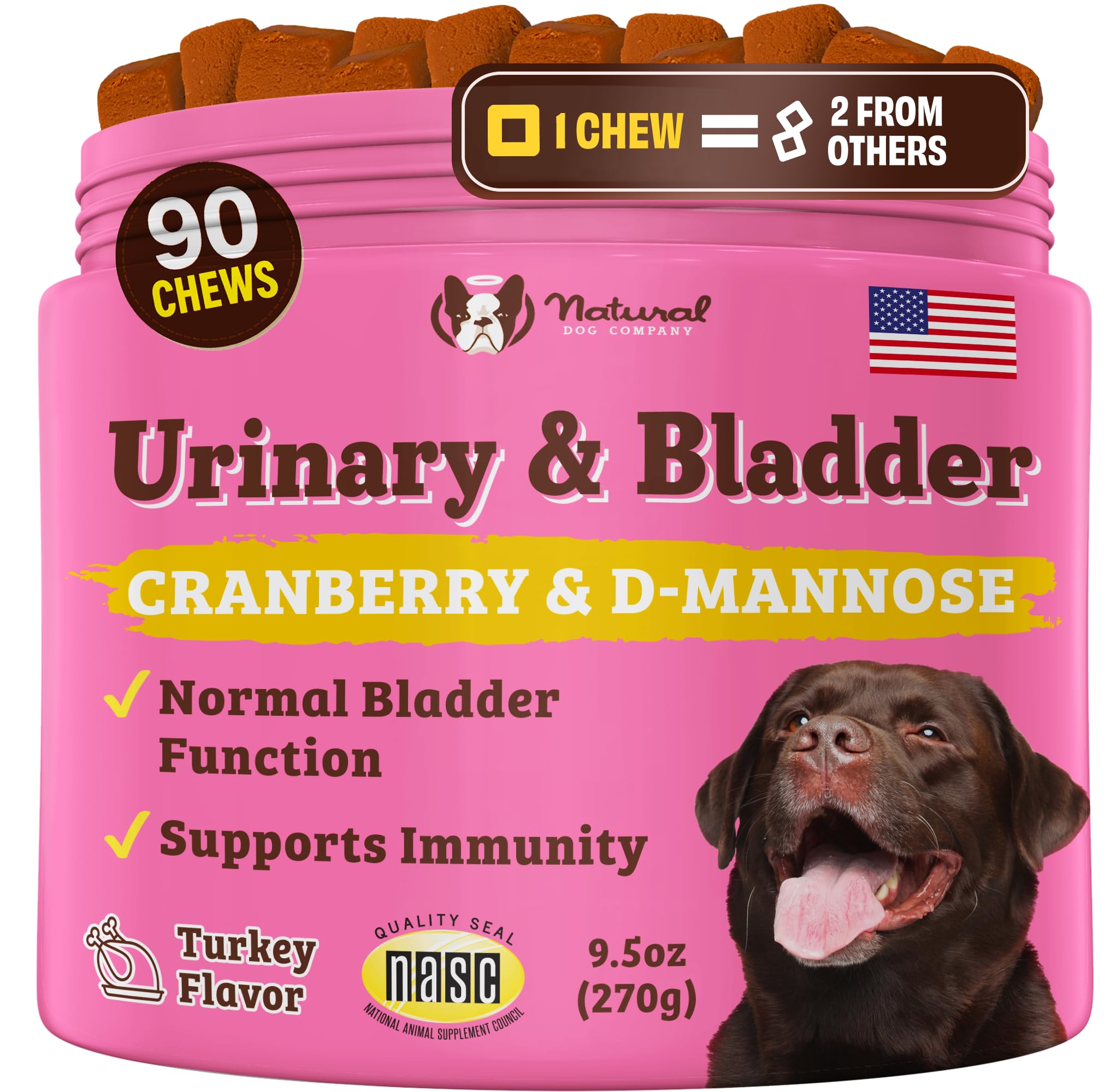 Natural Dog Company Cranberry Supplement for Dogs - Urinary & Bladder Support - D-Mannose for Dogs Promotes Bladder Health - Turkey Flavor - Dog UTI Incontinence Supplement - 90 Soft Chews