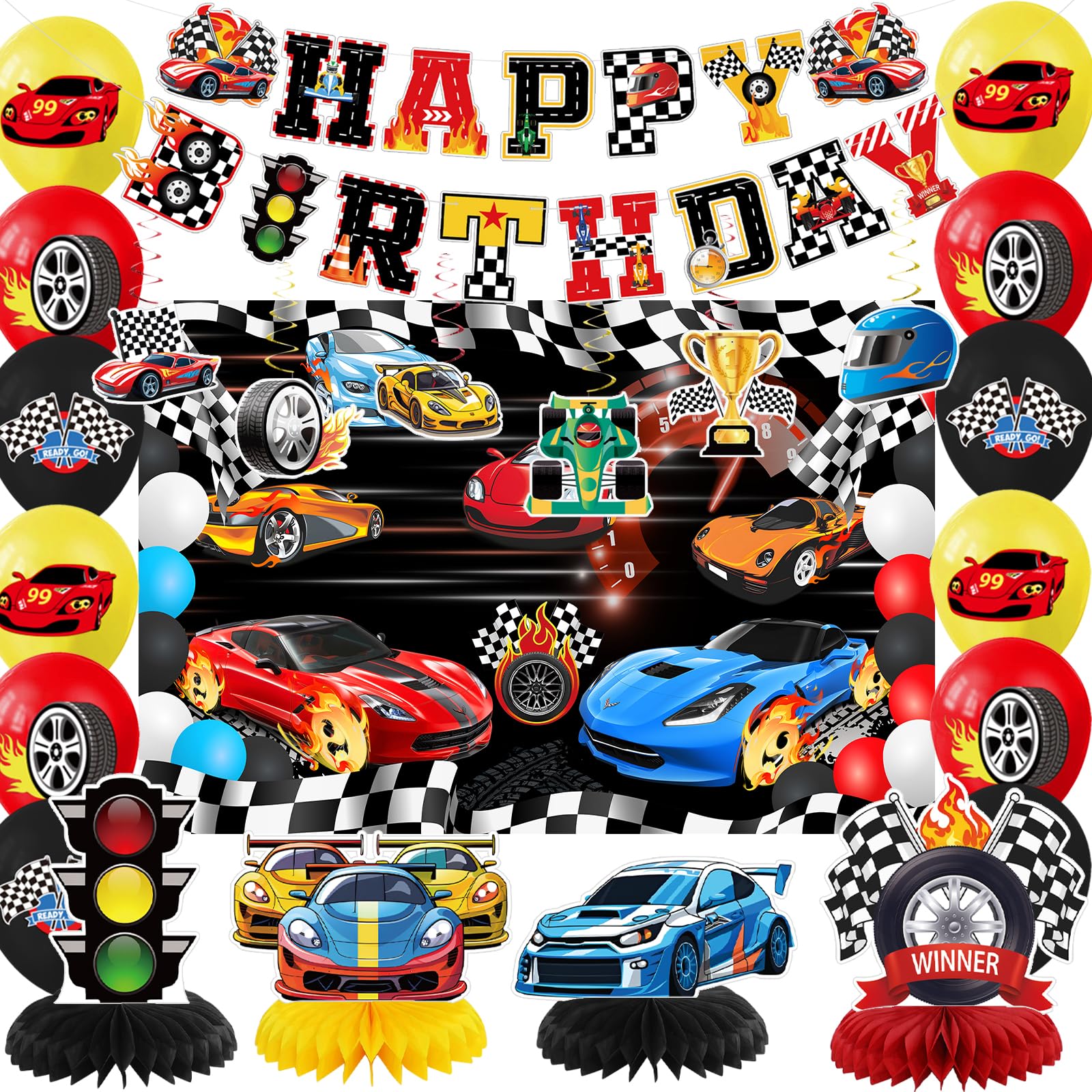Photo 1 of Race Car Party Decorations, Race Car Birthday Party Decorations Includes Banner, Backdrop, Balloons, Hanging Swirls and Honeycomb Centerpieces for Boys Adults