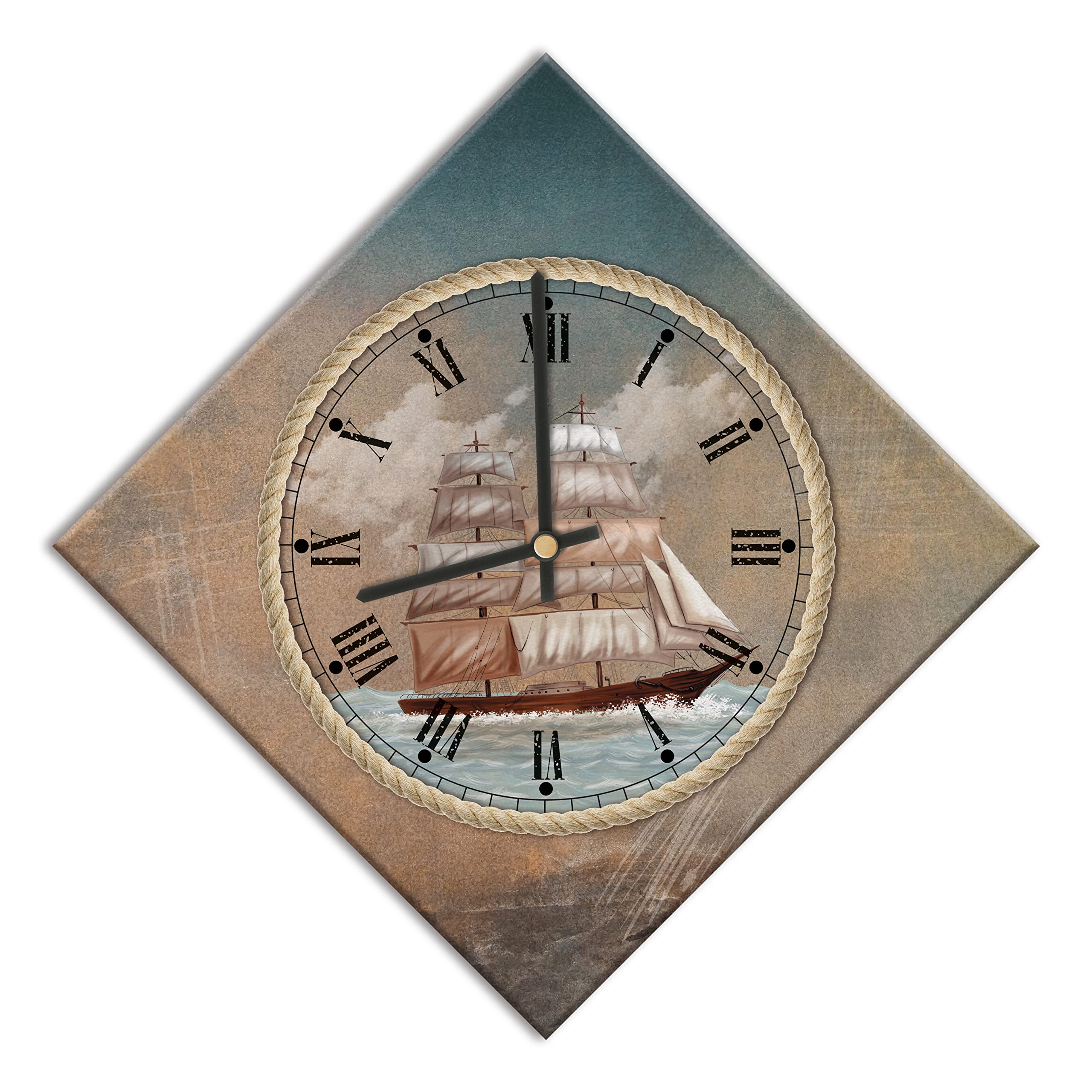 Mareli Wall Clock, Covered with shabby printed paper, Sailing Ship, 42x42