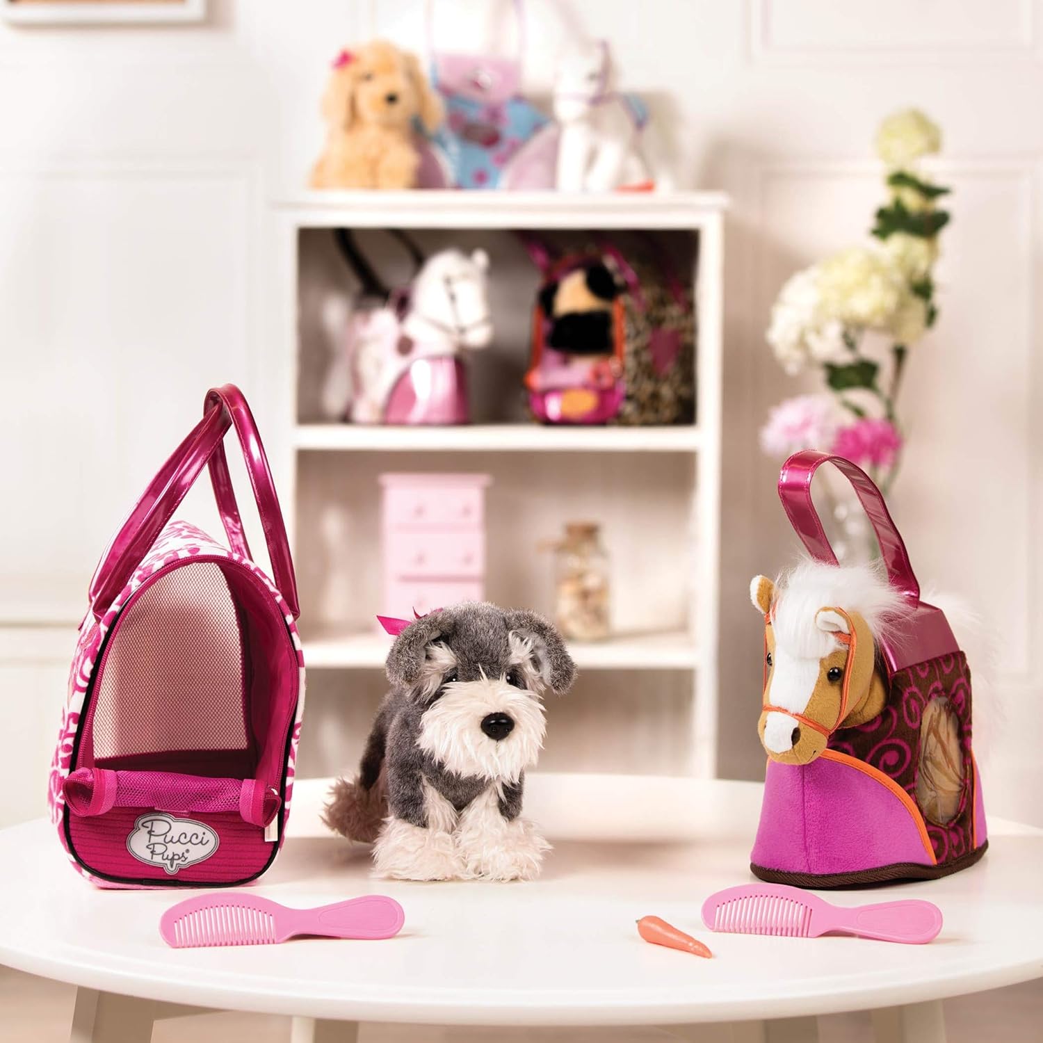 pucci pups pink and white plush bag and schnauzer