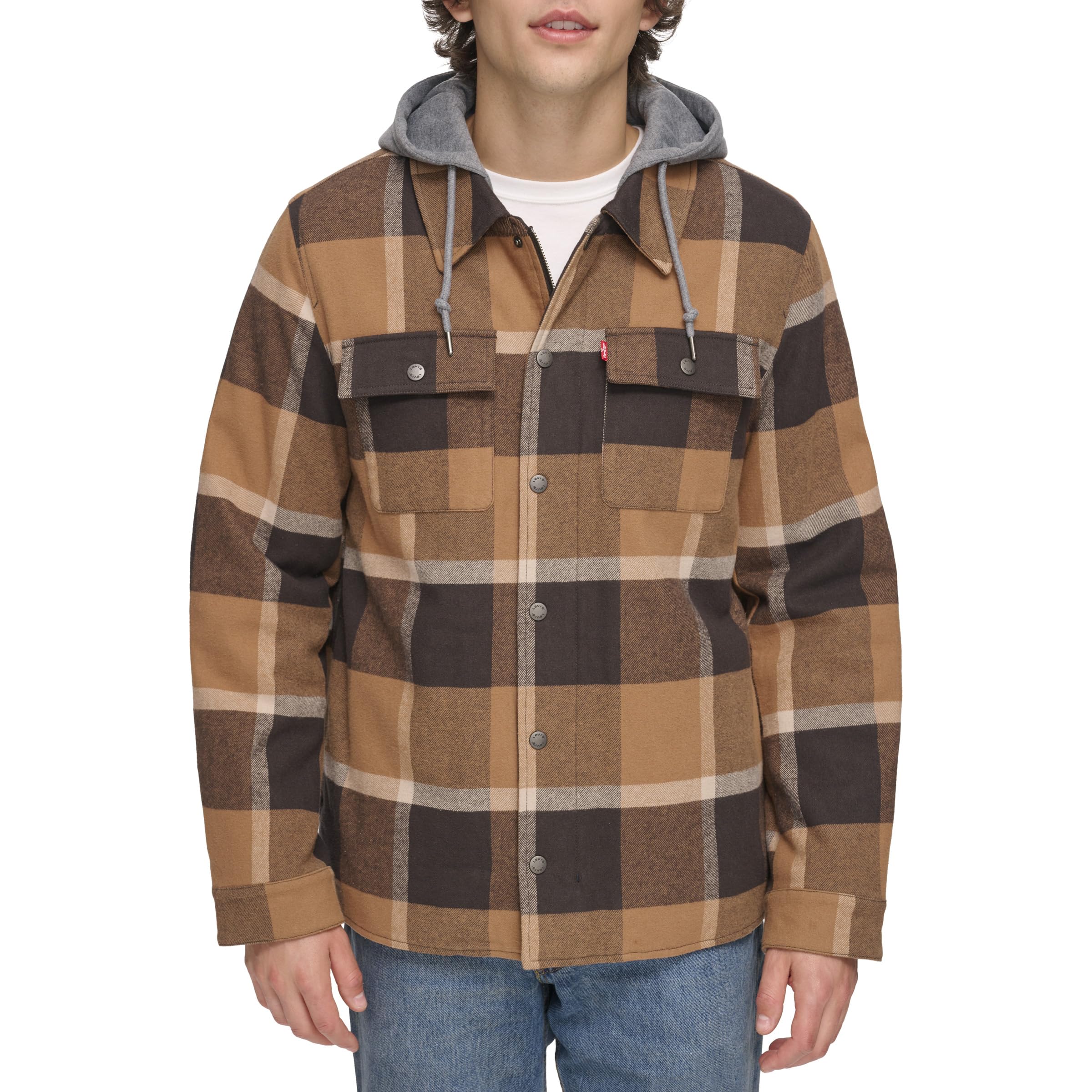 Levi's Men's Plaid Sherpa Lined Hooded Shirt Jacket (Regular & Big & Tall Sizes), Brown Café Plaid, Large Image