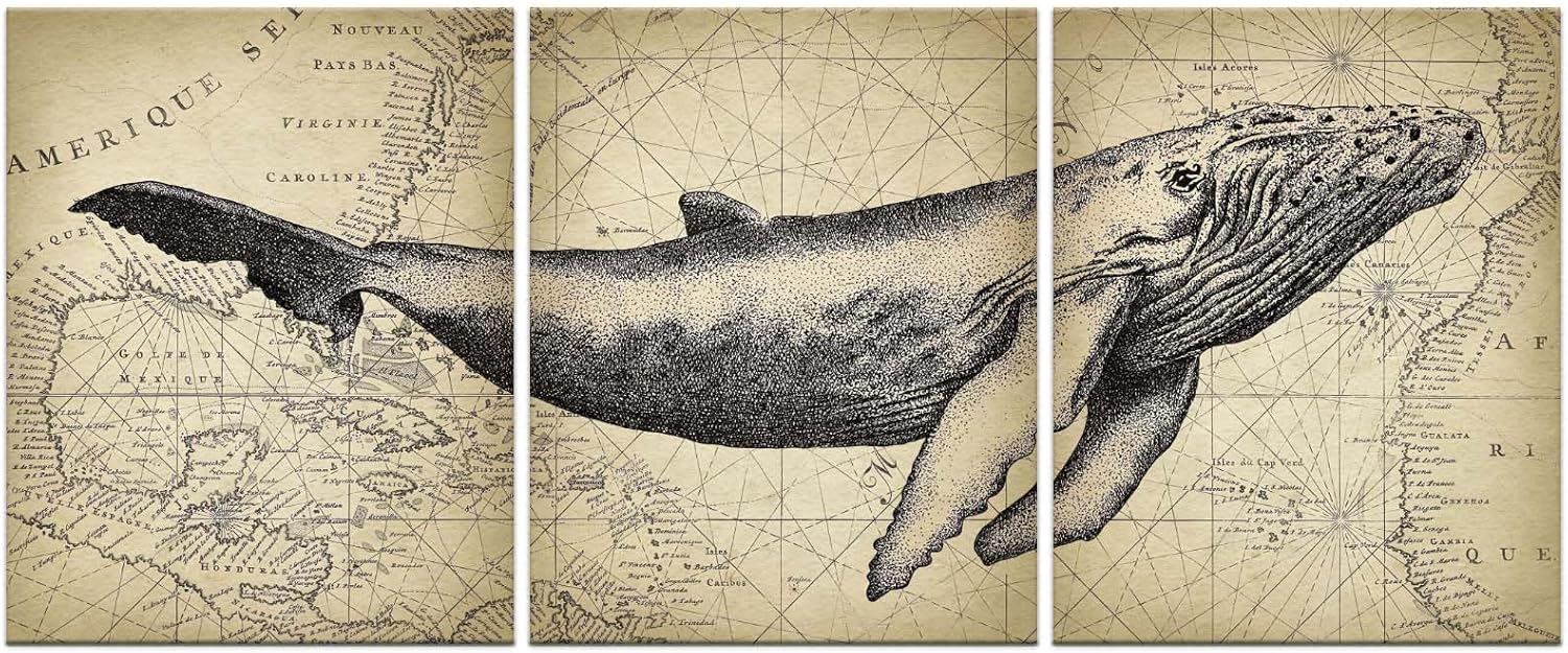 Paintings - AKBOK Whale Tales Trio - Set of 3 Canvas Paintings - 16x20 Inches - Frameless - Oceanic Art Decor with Map Background