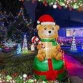 Christmas Inflatables Bear on Gift Box Lighted Yard Lawn Inflatable Decoration with Built-in Fan and Stakes Ropes Holiday Party Decor, Christmas Decor (5FT- Bear on Giftbox)