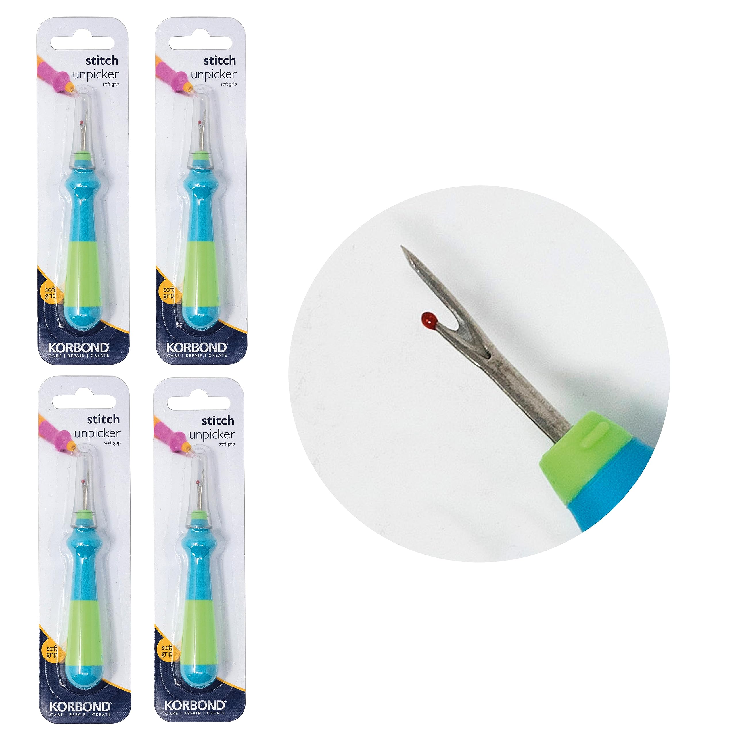 Korbond Easy Grip Seam Ripper Four Pack – 12cm – Set of 4 Large Handled Stitch Unpicker with Comfort Grip & Protective Cap