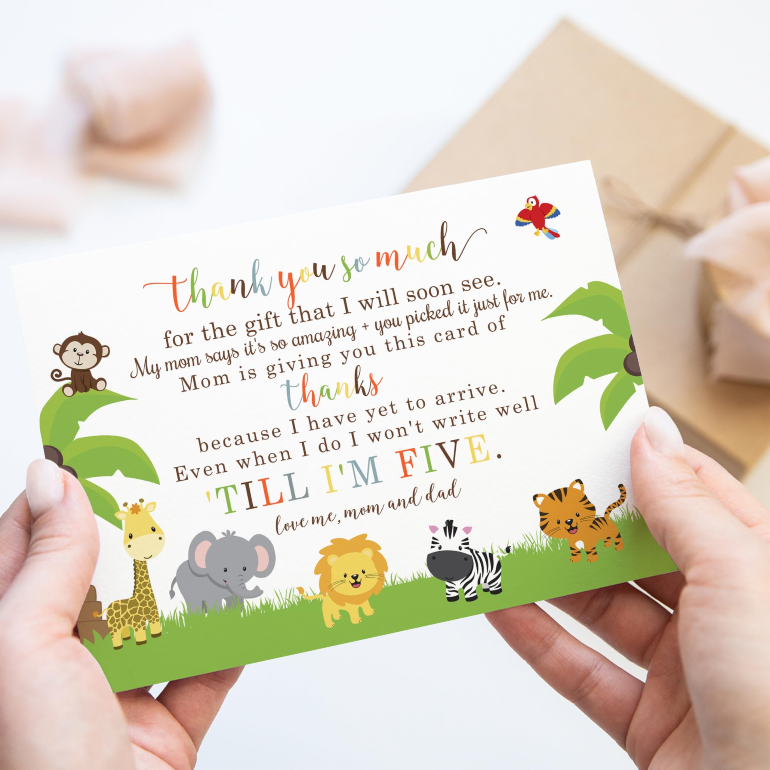 Cute Jungle Baby Shower Thank You Cards with Envelopes (25 Pack) Preprinted Message from Baby Boys or Girls with Customizable Space for Handwritten Note from New Parents, 4x6 Double-Sided Card