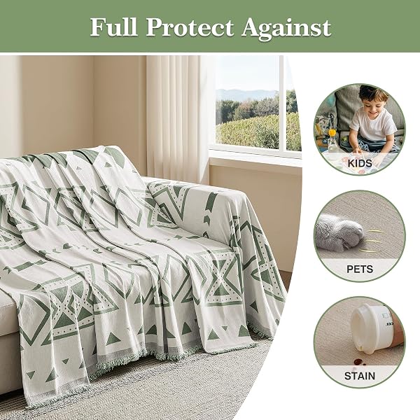 MAYMISS BOHO COUCH COVER FOR DOGS WASHABLE CHENILLE SOFA COVERS REVERSIBLE SOFA SLIPCOVER PET FRIENDLY FOR SECTIONAL SOFA, 2 OR 3 CUSHION COUCH (BOHO3 SAGE GREEN, 91″ X 118″)
