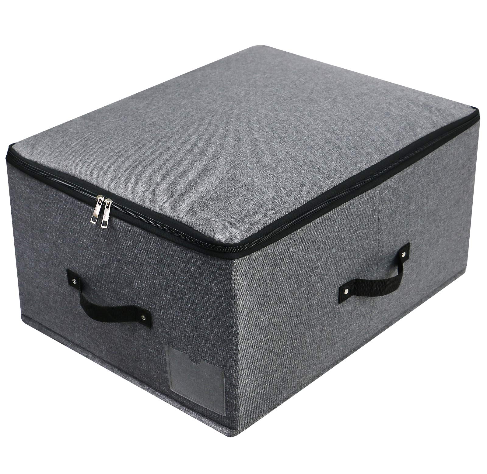 Omygarden Foldable Lidded Storage Bin with Divider Board, 4 Handles, Zipper lid, Blankets Clothes Quilts Storage Box Organizer for Bedroom Closet Shelf, 52×40×26cm, Black Grey