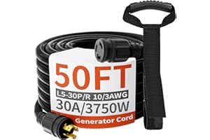 huanchain L5-30P/L5-30R 3 Prong 30 Amp Generator Cord 50 FT, Heavy Duty 10AWG 125V 3750W SJTW, Black Locking Generator Extension Cord Waterproof, ETL Listed