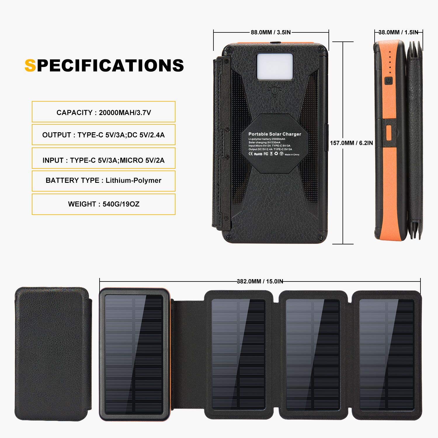 20000mAh Solar Charger with Dual 5V/2.4A Outputs and Quick Charge Type C 5V/3A Output/Input,Solar Power Bank with 4 Waterproof Foldable & Removable External Battery Pack,Works for Smartphone and More
