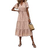 PRETTYGARDEN Floral Dress for Women 2026 Summer Casual Short Sleeve Maxi Dresses V Neck Tiered Flowy Boho Beach Sundress