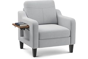 CHAIRKER Accent Chair for Living Room Modern Linen Upholstered Armchair Side Wooden Fabric Sofa Chair with Foldable Table 2 Side Pockets Comfy Reading Chair for Bedroom