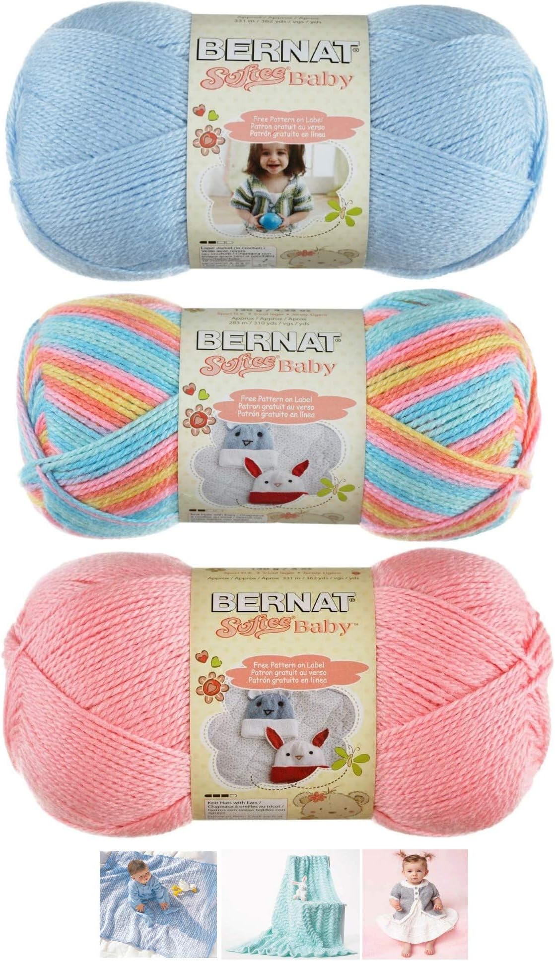 Bernat Softee Baby Acrylic Yarn 3 Pack Bundle Includes 3 Patterns DK Light Worsted #3 (Candy Baby Mix)
