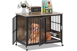 NASHZEN 37.4'' Dog Crate Furniture Large Storage TV Stand with Plush Cushion / 2 Bowls / 4 Lockable Wheels, Wooden Dog Kennel Dog Crate End Table for Large Medium Dogs, 38'' L×24'' W×27'' H, Greige