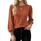 GRACE KARIN Women's Long Lantern Sleeve Crew Neck Crochet Top Hollow Out Fall Pullover Sweater