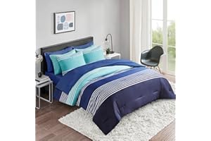 Comfort Spaces Queen Comforter Sets with Sheets - Bed in a Bag 9 Pieces Teen Bedding Sets Queen, Navy/Grey Stripes Bedding, College Queen Bed Set, 2 Side Pocket Bedroom Organizer Navy