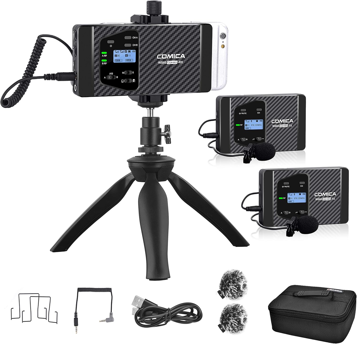 Amazon Com Comica Cvm Ws60 Combo Wireless Dual Lavalier Lapel Microphone System With Uhf 12 Channels Universal Smartphone Clamp 100ft Wireless Range Wireless Microphone For Smartphones And Cameras 2tx 1rx Electronics