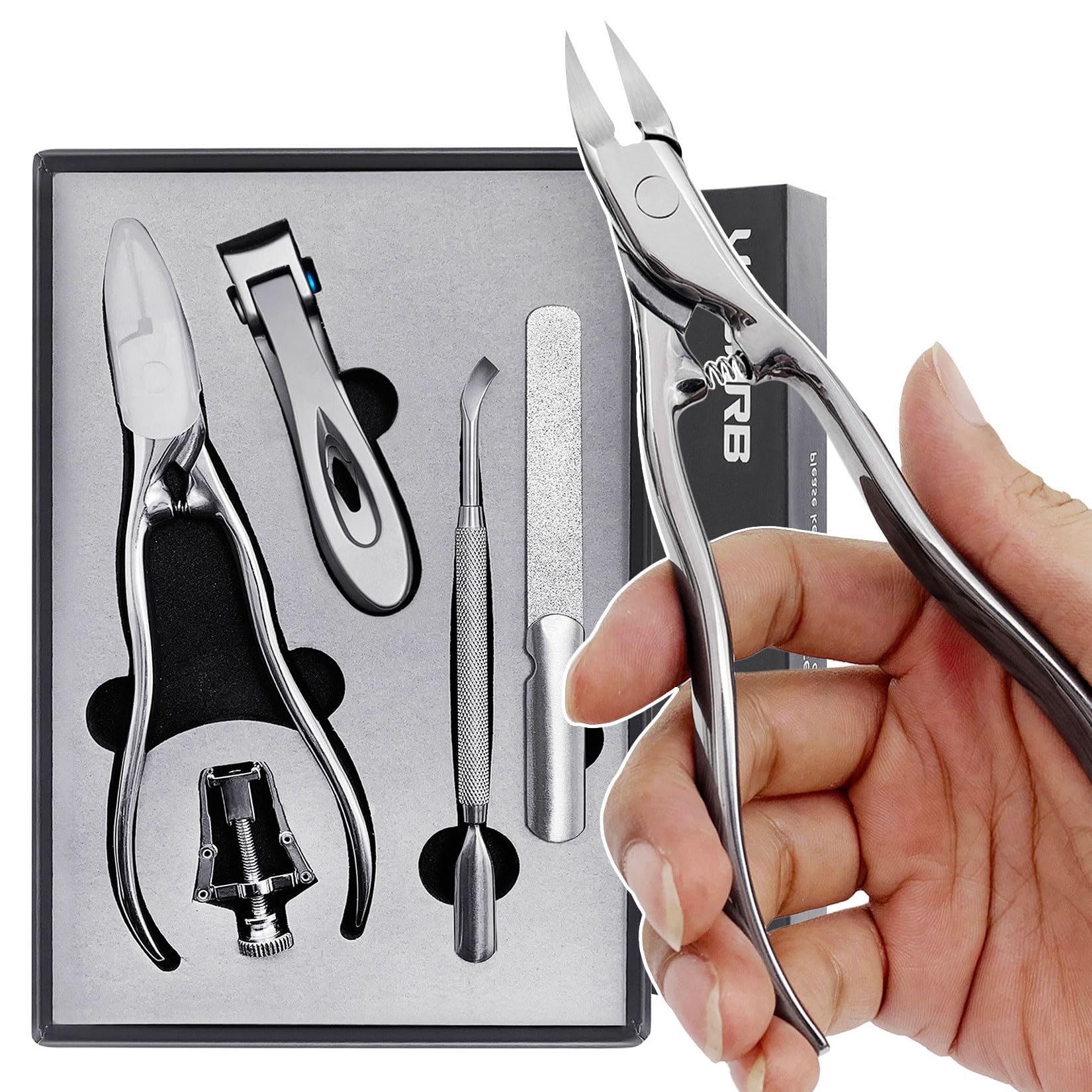VOGARB Nail Clippers Set for Thick/Ingrown Nails Toenail 5pcs in 1 Large Long Handle Trimmer Wide Opening Cutter Heavy Duty Professional Podiatrist Pedicure Tool for Adult Seniors(JCDK5PS)
