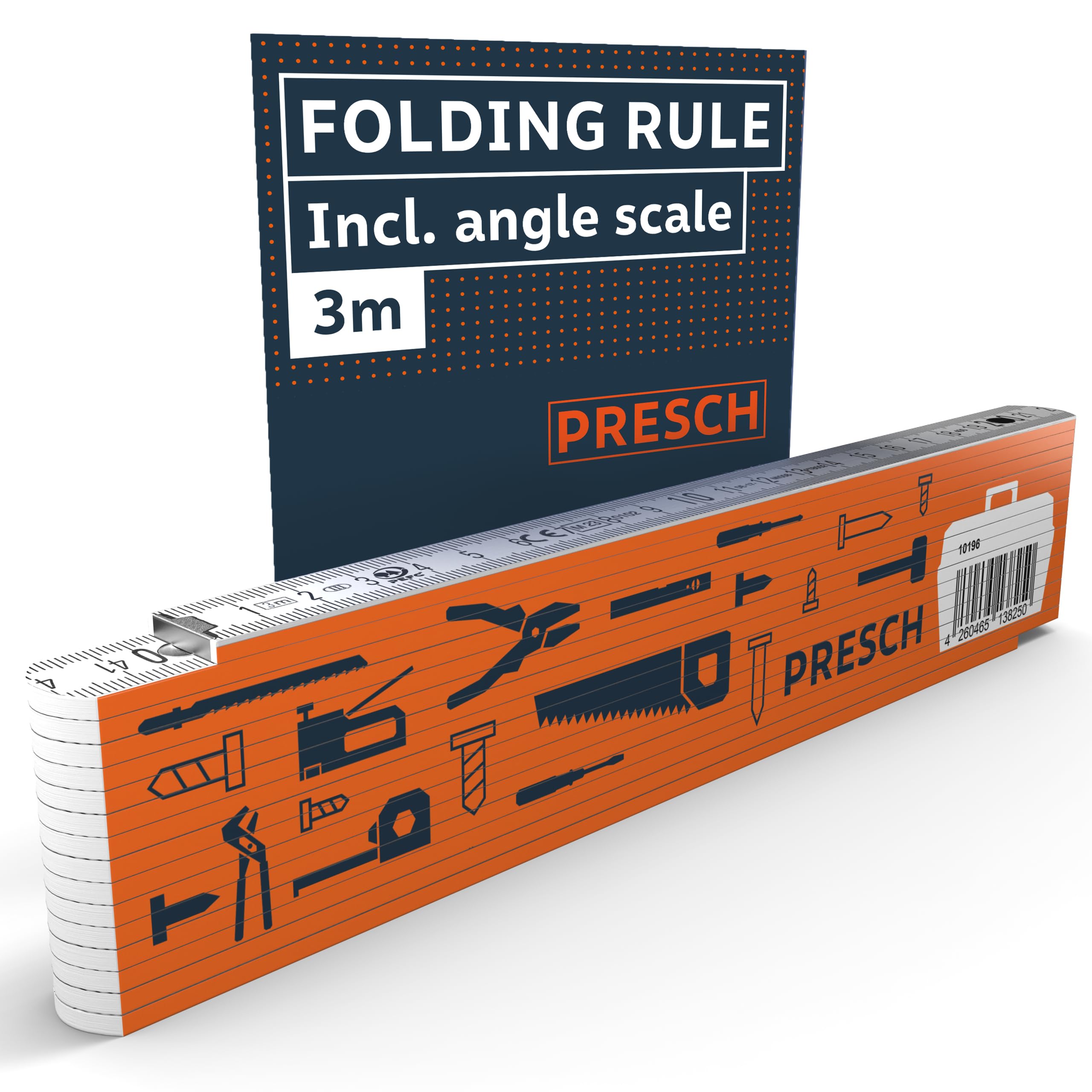 Presch Folding rule 3m with angle scale - Wood - Orange - Foldable - Large & highly legible numbers - Precise snapping - Meter stick, metre stick, carpenters rule, joiners rule with tool pattern