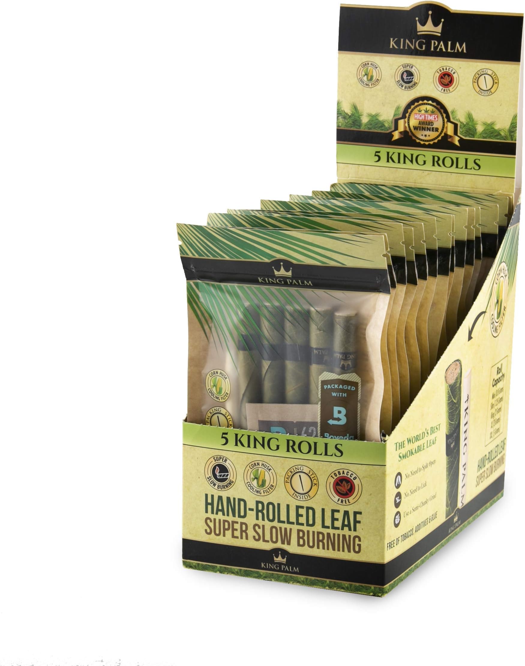 King Palm King Size Cones (Display Case - 15 Packs Of 5, 75 Rolls Total) - Natural Pre Wrap Palm Leafs - Pre Rolled Cones - All Natural Cones - Corn Husk Filter - Preroll Cones - Cones with Filter