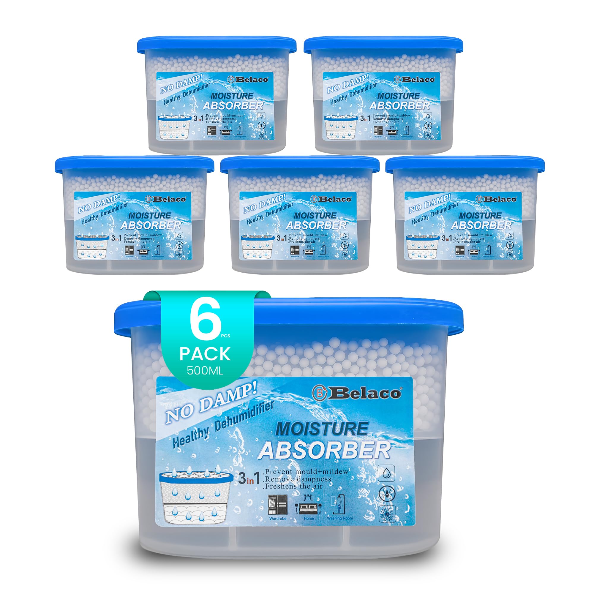 Belaco Dehumidifier Pack Prevent Mould & Mildew, Eliminating Musty Odor, Remove Dampness, Absorb Excess Mositure in Home, Kitchen, Bathroom, Bedroom, Wardrobe, Caravan, Office, Basement (6)