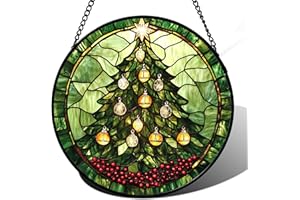 DASTOLL Stained Glass Window Hanging - Green Christmas Tree Golden Bells Suncatcher for Doors Home Christmas Decoration Sun Catcher Thanksgiving New Year Birthday Gift for Women Men Mom Nana 7.8 in
