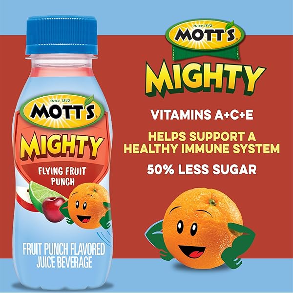 MOTT’S MIGHTY FLYING FRUIT PUNCH JUICE DRINK, 8 FL OZ BOTTLES, 24 COUNT (4 PACKS OF 6), 100% FRUIT JUICE WITH PURIFIED WATER, VITAMINS A, C AND E, NO ARTIFICIAL FLAVORS, COLORS OR SWEETENERS