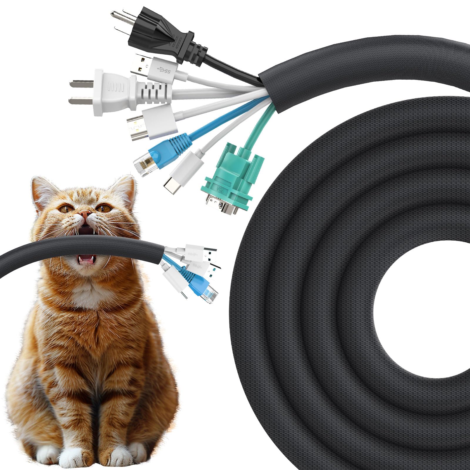 REFLYING Dog and Cat Cord Protector 3 Meters-25.4mm, Cable Tidy Sleeve, Protect Wires from Pets Chewing, Expandable Braided Cable Management Sleeve, Cable Wrap Cord Protector, Black