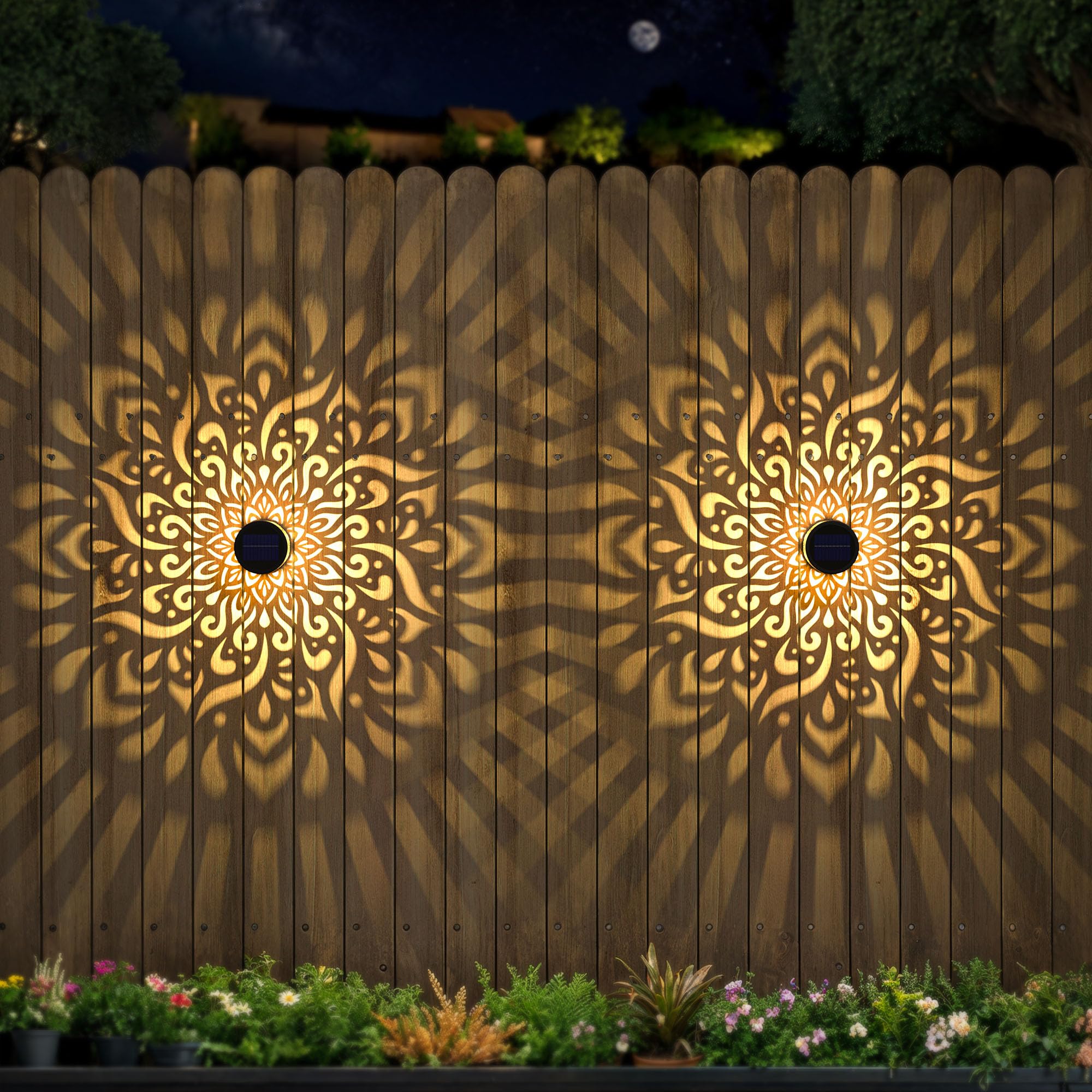 Photo 1 of 2 Pack Large Solar Fence Lights Metal Solar Powered Outdoor Wall Deck Step Lights Mandala Theme Waterproof Fence Light for Garden Post Patio Backyard Yard Decor, Gardening Gifts for Women Mom Grandma