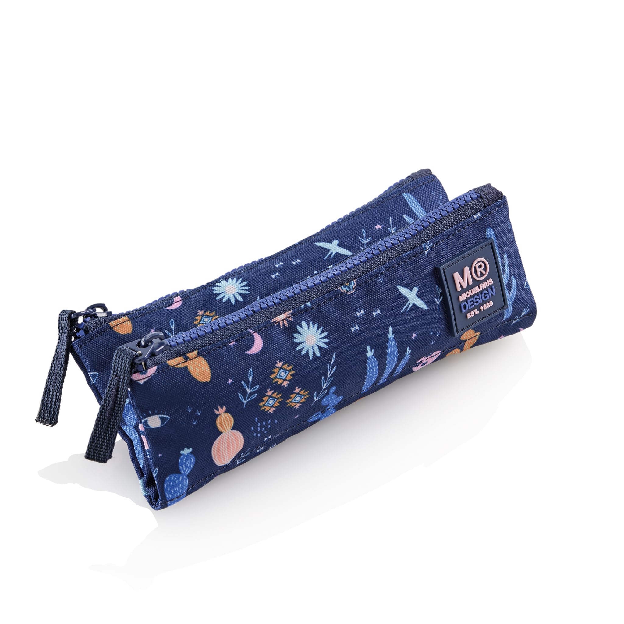 Miquelrius Double Compartment Pencil Case, Mini School Pencil Case, Zippers Made of Durable Plastic, Extra Long Metal Handles, 200 x 90 x 15 mm, Desert, Navy
