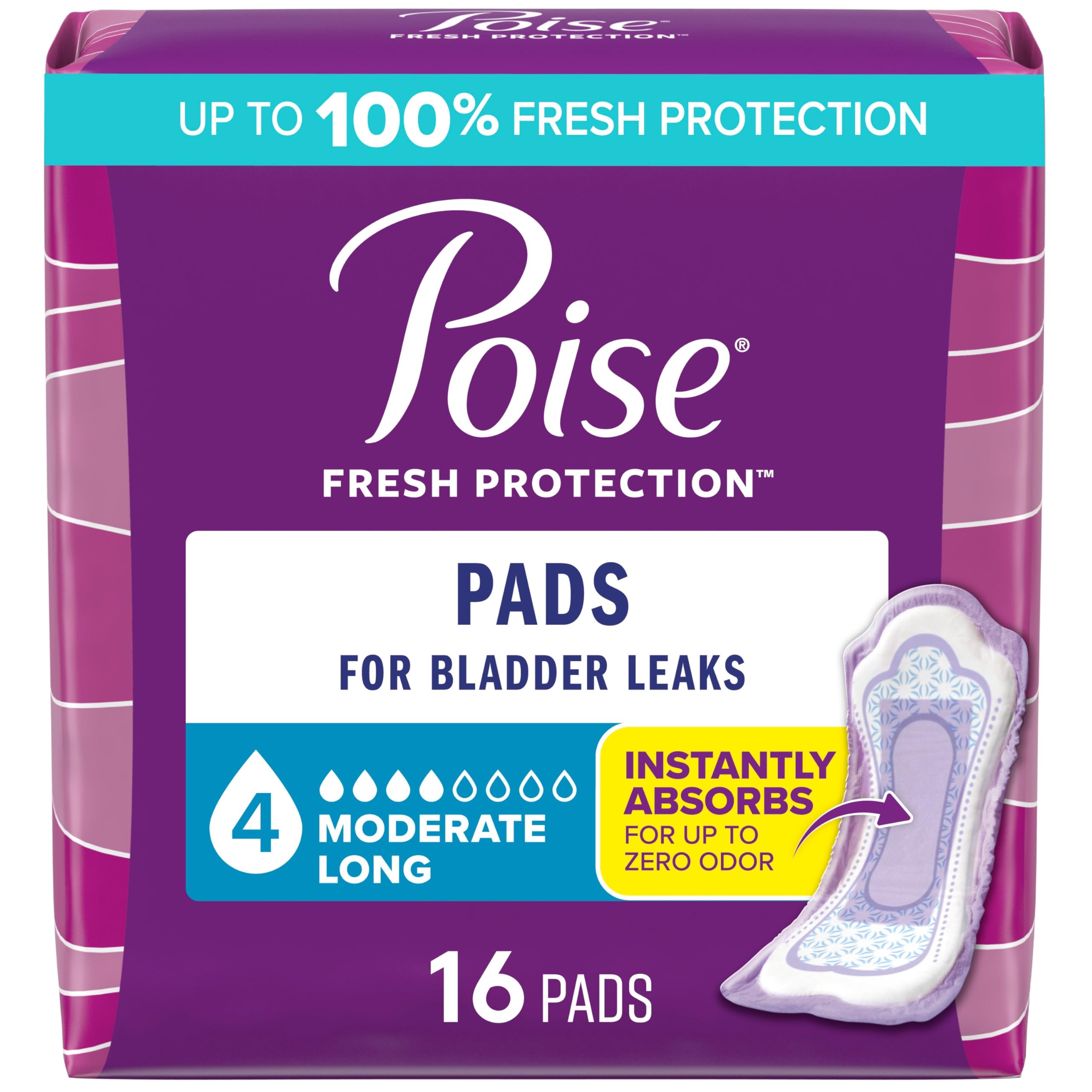 Photo 1 of Poise Incontinence & Postpartum Pads for Bladder Leaks, 4 Drop Moderate Absorbency, Long Length, 16 Count, Packaging May Vary