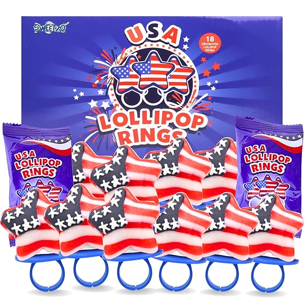 RED, WHITE AND BLUE CANDY, AMERICAN FLAG STAR SUCKERS, 4TH OF JULY TREATS, INDIVIDUALLY WRAPPED LOLLIPOPS (RING)