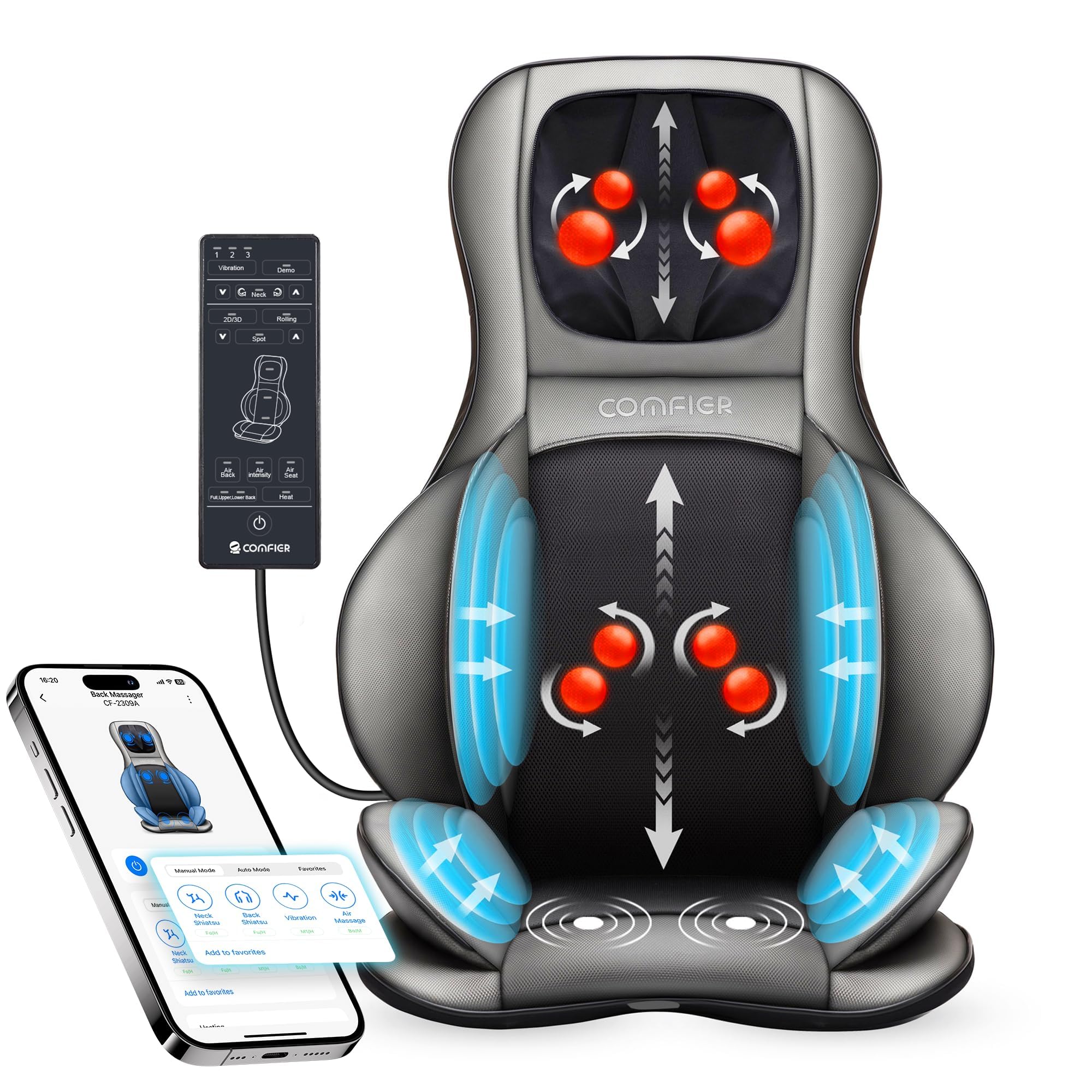 Photo 1 of COMFIER Shiatsu Neck Back Massager with Heat and Compression,Adjustable Neck Rollers,App Control 2D or 3D Deep Tissue Kneading Massage Chair Pad, Chair Massager,Ideal Gifts for Dad, Mom