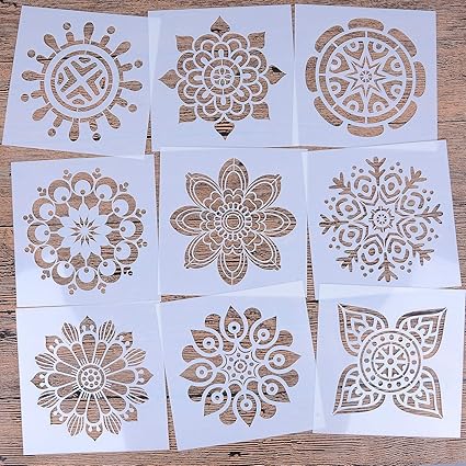Locolo Reusable Mandala Floor Stencil Set Of 9 6 X 6 Inch Painting Stencil Laser Cut Painting Template Floor Wall Tile Fabric Wood Stencils Diy