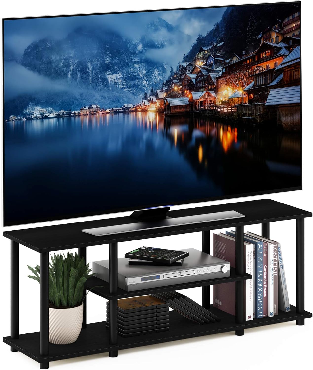 Furinno Turn-N-Tube 3-Tier Entertainment TV Stands, Round, Walnut/Black: Furniture & Decor