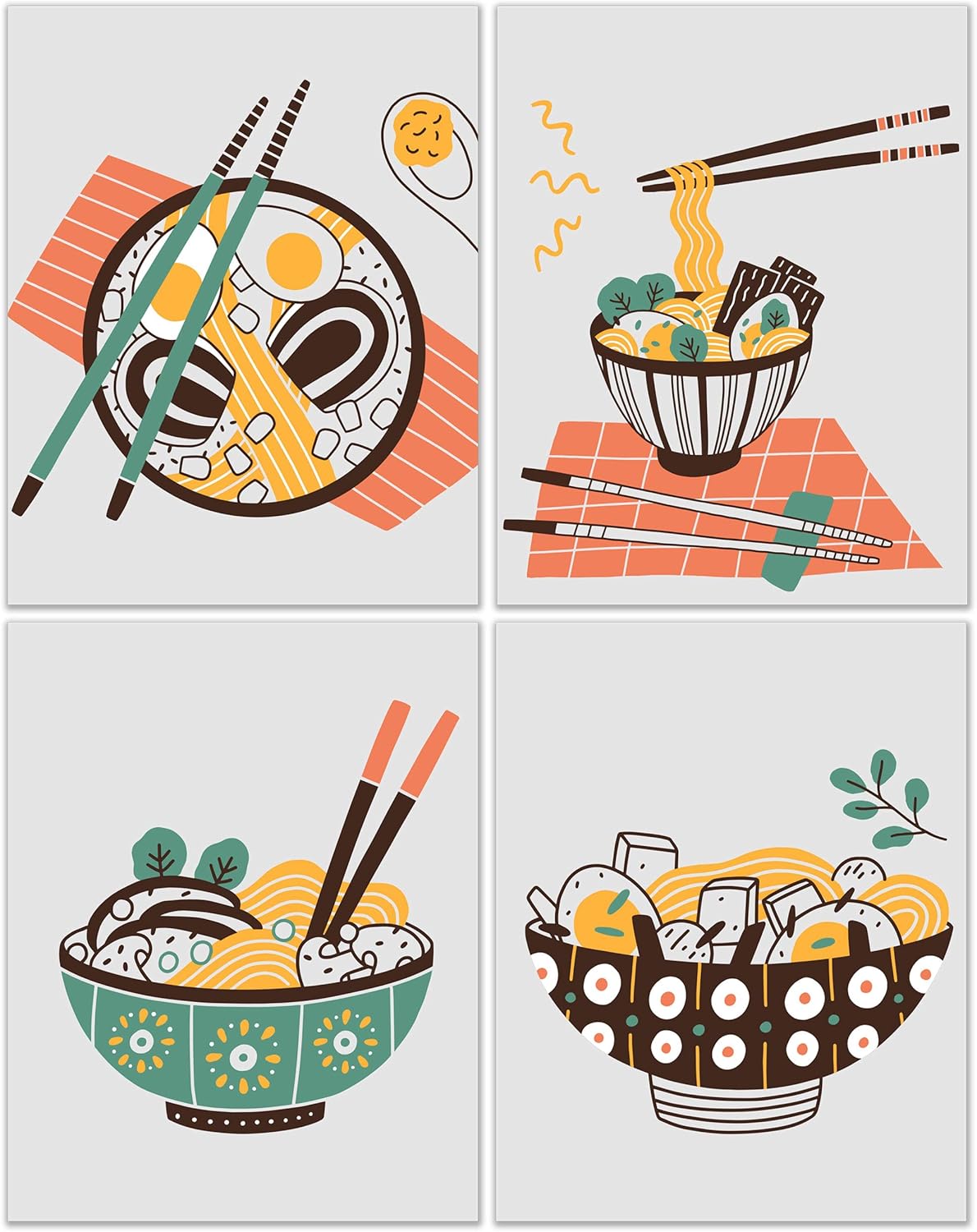 Ramen Prints - Set of 4 (11x14) Inches Glossy Japanese Noodles Bowls Chopsticks Traditional Asian Broth Food Meal Wall Art Decor