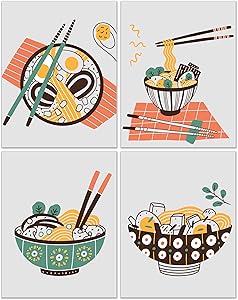 Ramen Prints - Set of 4 (11x14) Inches Glossy Japanese Noodles Bowls Chopsticks Traditional Asian Broth Food Meal Wall Art Decor