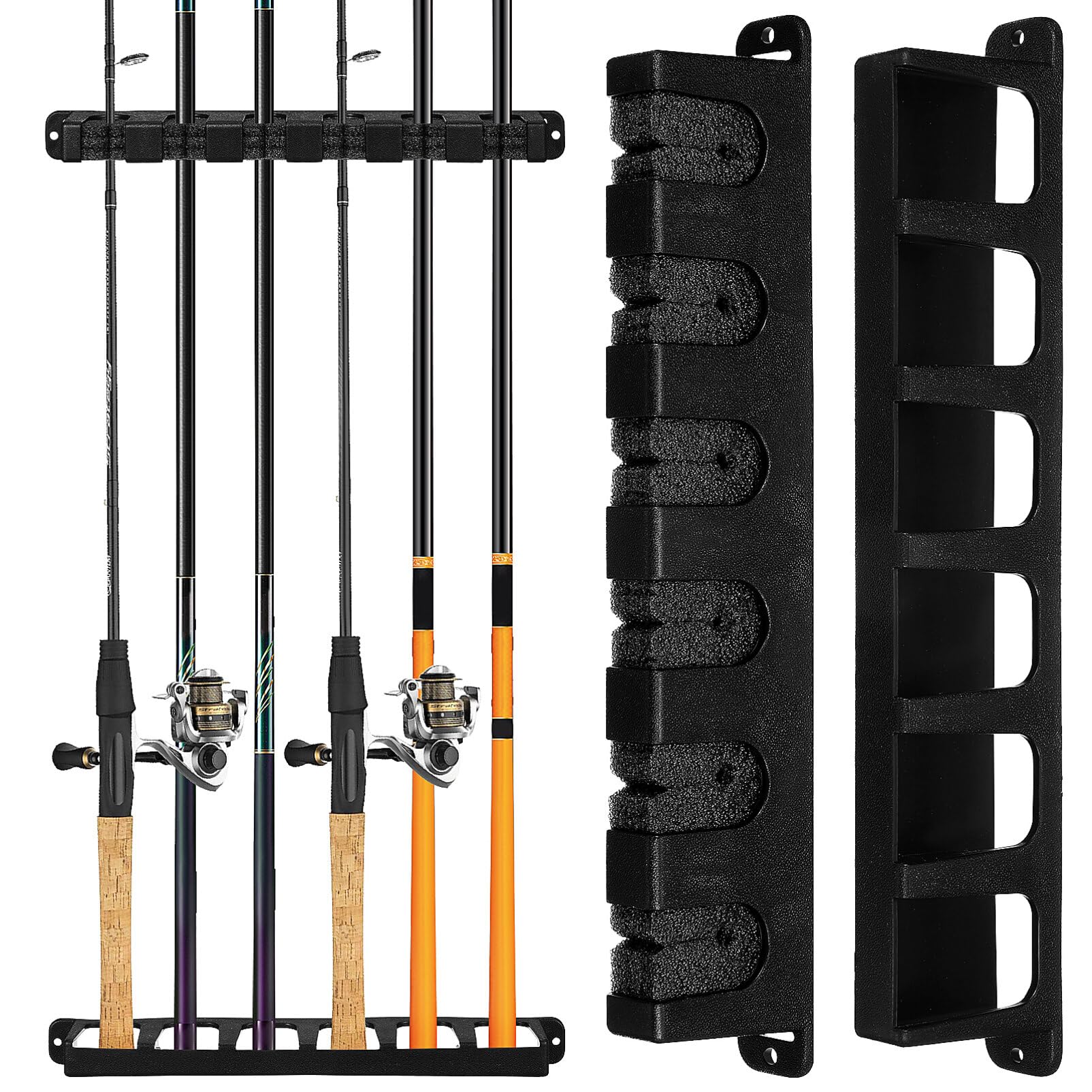 Yardwe Wall Mount Fishing Rod Holder Vertical Organizer with Multiple Slots Space-Saving Fishing Pole Rack for Garage and Home Storage
