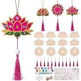 Blueweenly 12 Sets Diwali Lotus Crafts for Kids, Color You Own | Wooden DIY Hanging Ornaments, Rose Red Tassels, Acrylic Paint, Diwali Party Favor, Gem Stickers, Indian Home Temple Decor