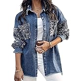 Cuyulitcik Jean Jackets for Women with Bling Embroidered Pearls Beading Washed Jean Jackets Oversized Coat Denim Shacket