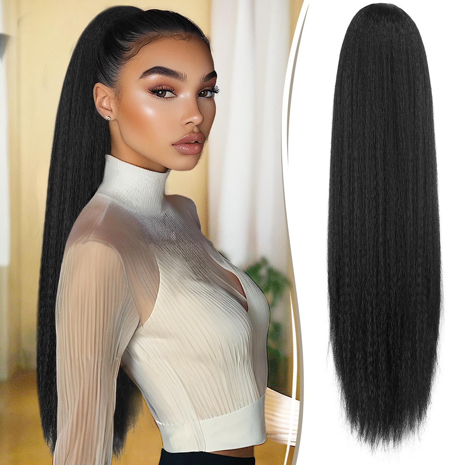 RUWISS Drawstring Ponytail for Black Women Yaki Straight Ponytail Hair Extension 26 Inch Long Thick Pony Tail Clip in Synthetic Ponytail Hairpiece Natural Black
