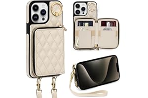 Keallce Case for iPhone 13 Pro Max 6.7'' Wallet Case, Crossbody Zipper Purse Handbag Wristlet for Women, RFID Blocking Card Holders, 360° Ring Kickstand Flip Leather Cover for iPhone 13 Pro Max, Beige