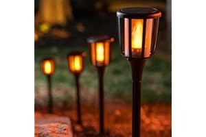 FOXFLAME Solar Landscape Lights Rustic - Realistic Flickering Flame Patented LED, Adjustable Height, Pathway Lights Solar Powered Torch with Poles for Outdoor Landscape, Garden, Yard, and Patio Decor (4 Pack)