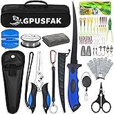 GPUSFAK Fishing Tool Kit, 50 Pieces Fishing Gear, Fishing Pliers with Lanyard, Fillet Knife, Fish Lip Gripper, Fly Ice Fishing Hook Extractor, Anti-Cutting Gloves, Fishing Lures Baits Accessories